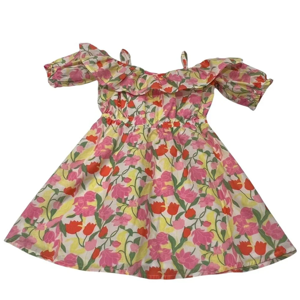 Janie and Jack Short Sleeve Floral Dress, Pink Yellow, 4